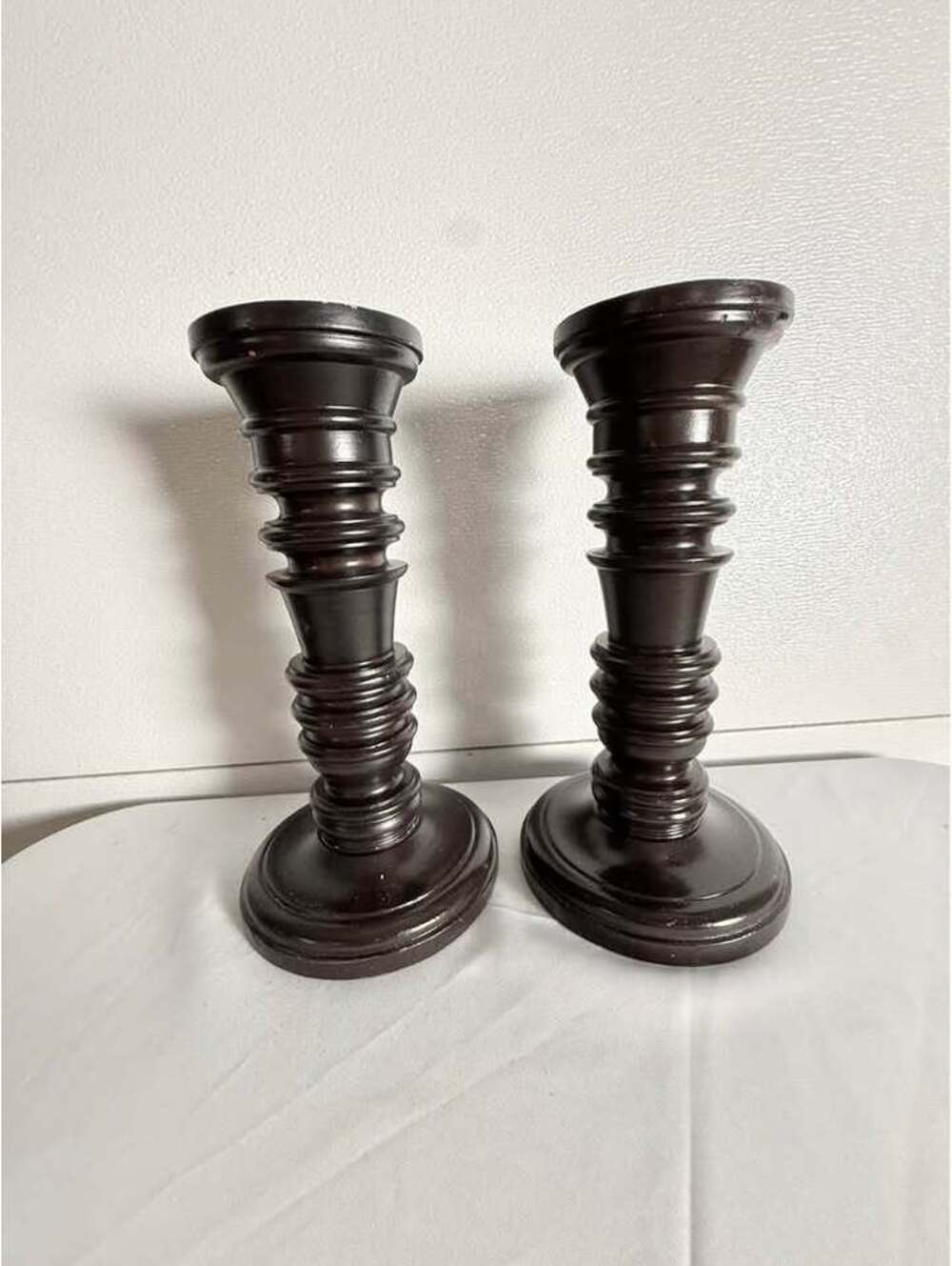 Pair of Dark Brown Wooden Pillar Candle Holders